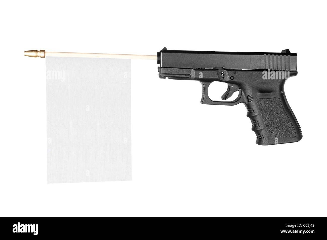 Una pistola con una bandiera bianca che fuoriescono da utilizzare per posizionare la copia. Foto Stock