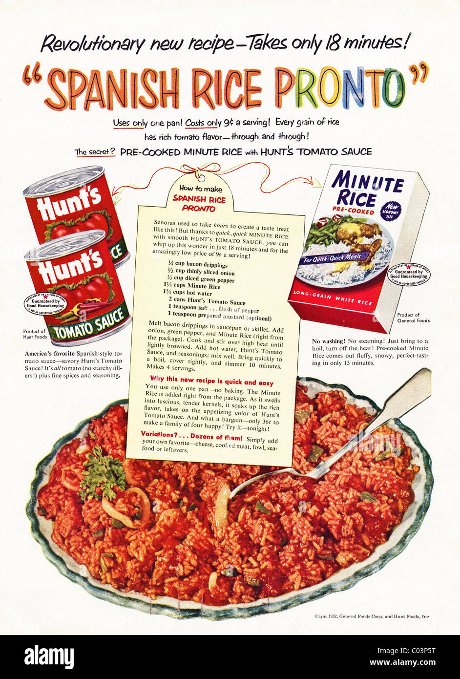Anni Cinquanta piena pagina di pubblicità in consumatori americani magazine per cacciare la salsa di pomodoro e pre-cottura minuti di riso Foto Stock