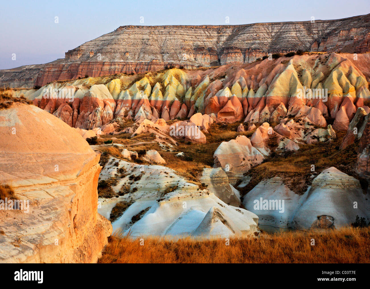 Una grande varietà di forme, forme e colori del paesaggio della Cappadocia, Nevsehir, Turchia. Prese durante un volo in pallone aerostatico Foto Stock