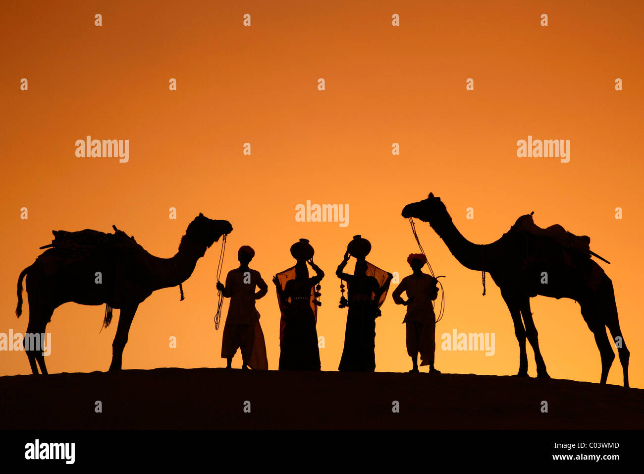 India Rajasthan, tribesmen e le donne con le brocche d'acqua e cammelli Foto Stock