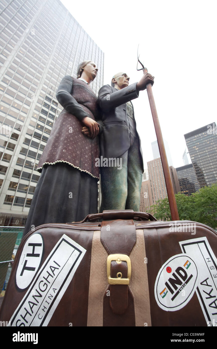 Gotico americano in 3D di una scultura in Chicago pioniere della corte. Foto Stock