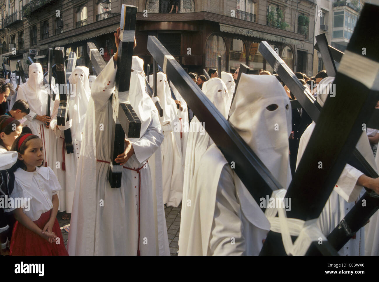 I penitenti, processione, Semana Santa (Pasqua), Siviglia, Andalusia, Spagna Foto Stock