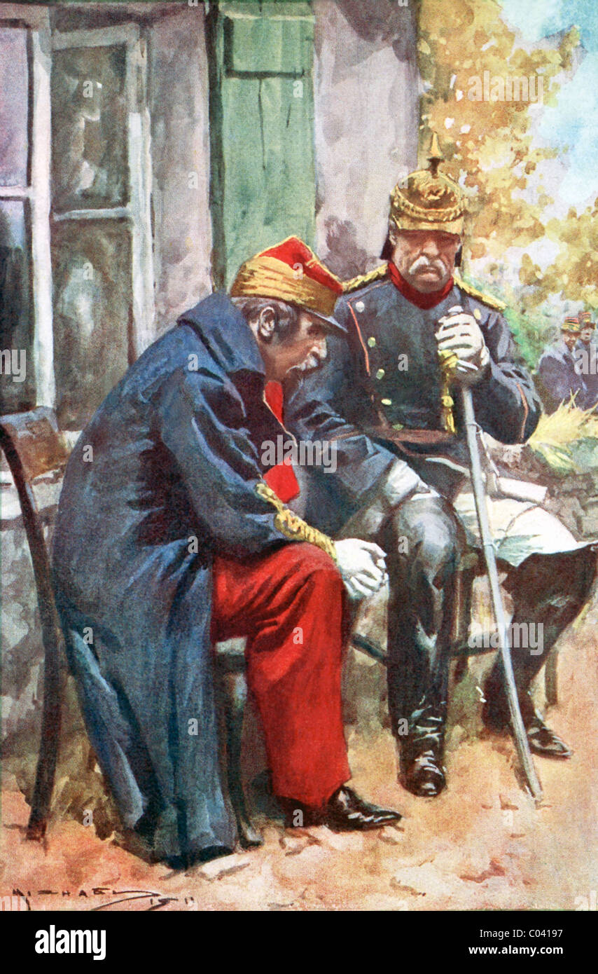 Come Napoleone III rimuginassero le disposizioni di rinuncia, egli è stato incontrato da Bismarck e due ha parlato al di fuori di un tessitore cottage. Foto Stock