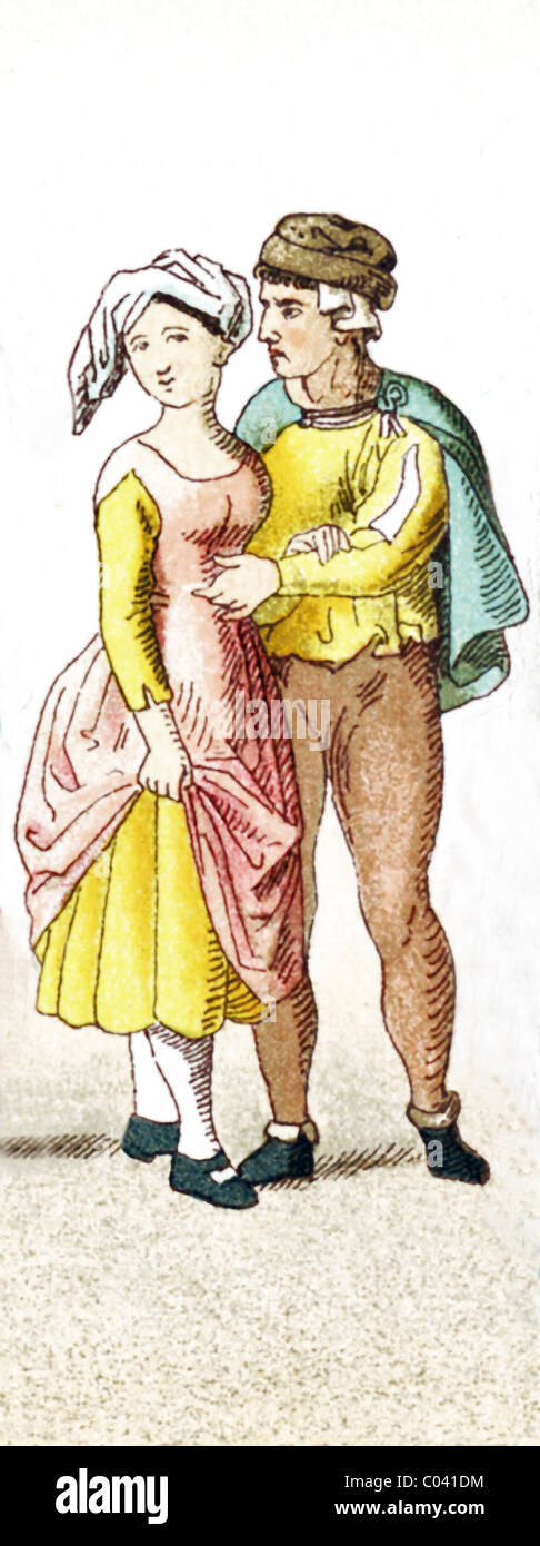 Le figure qui rappresentate sono tedeschi tra A.D. 1450-1500. Essi sono un contadino femmina e maschio di un contadino. Foto Stock Le figure qui rappresentate sono tedeschi tra A.D. 1450-1500. Essi sono un contadino femmina e maschio di un contadino. Foto Stock