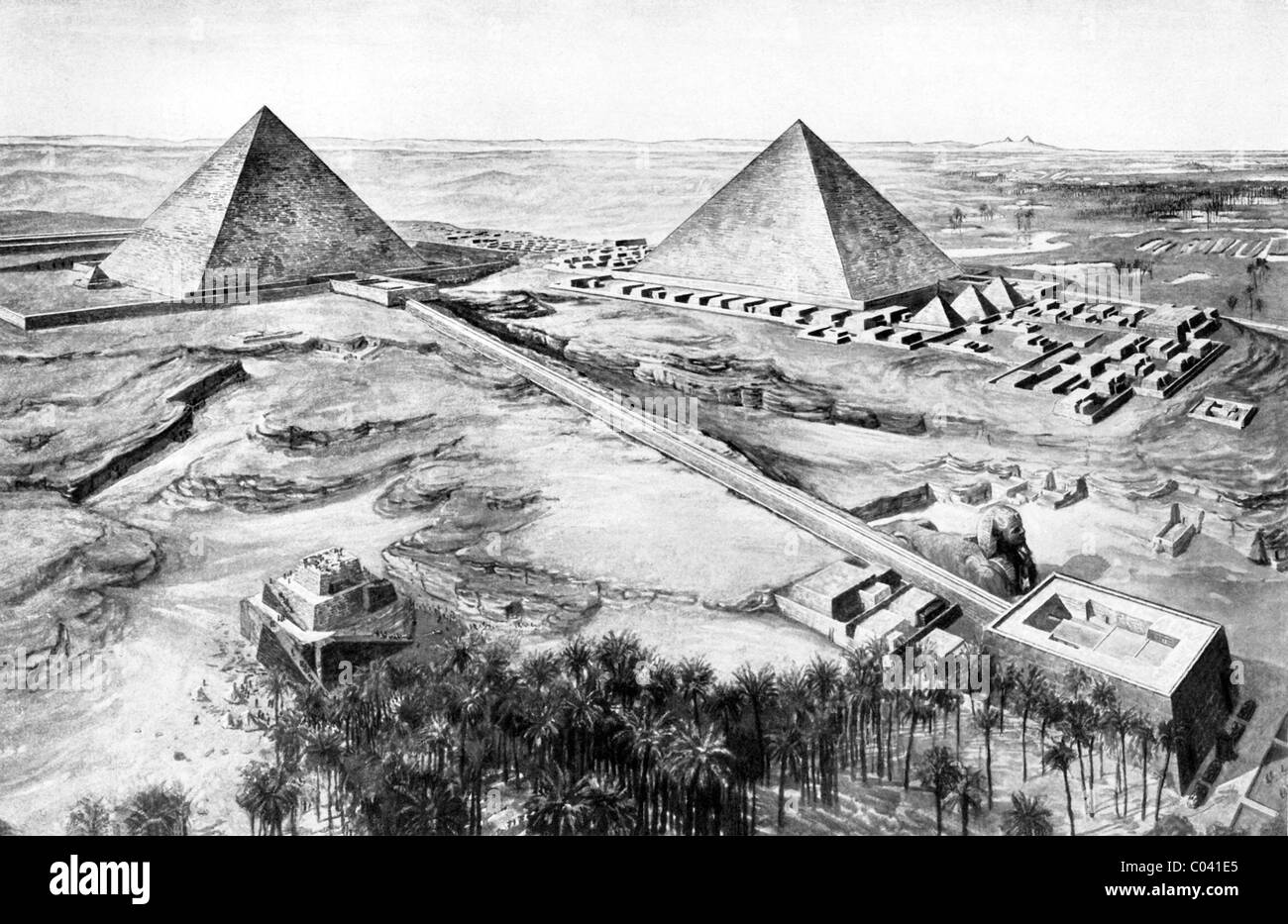 Questo sin dagli anni venti illustrazione mostra la prima e la seconda piramidi di Giza in Egitto inferiore, con la Grande Sfinge in primo piano. Foto Stock