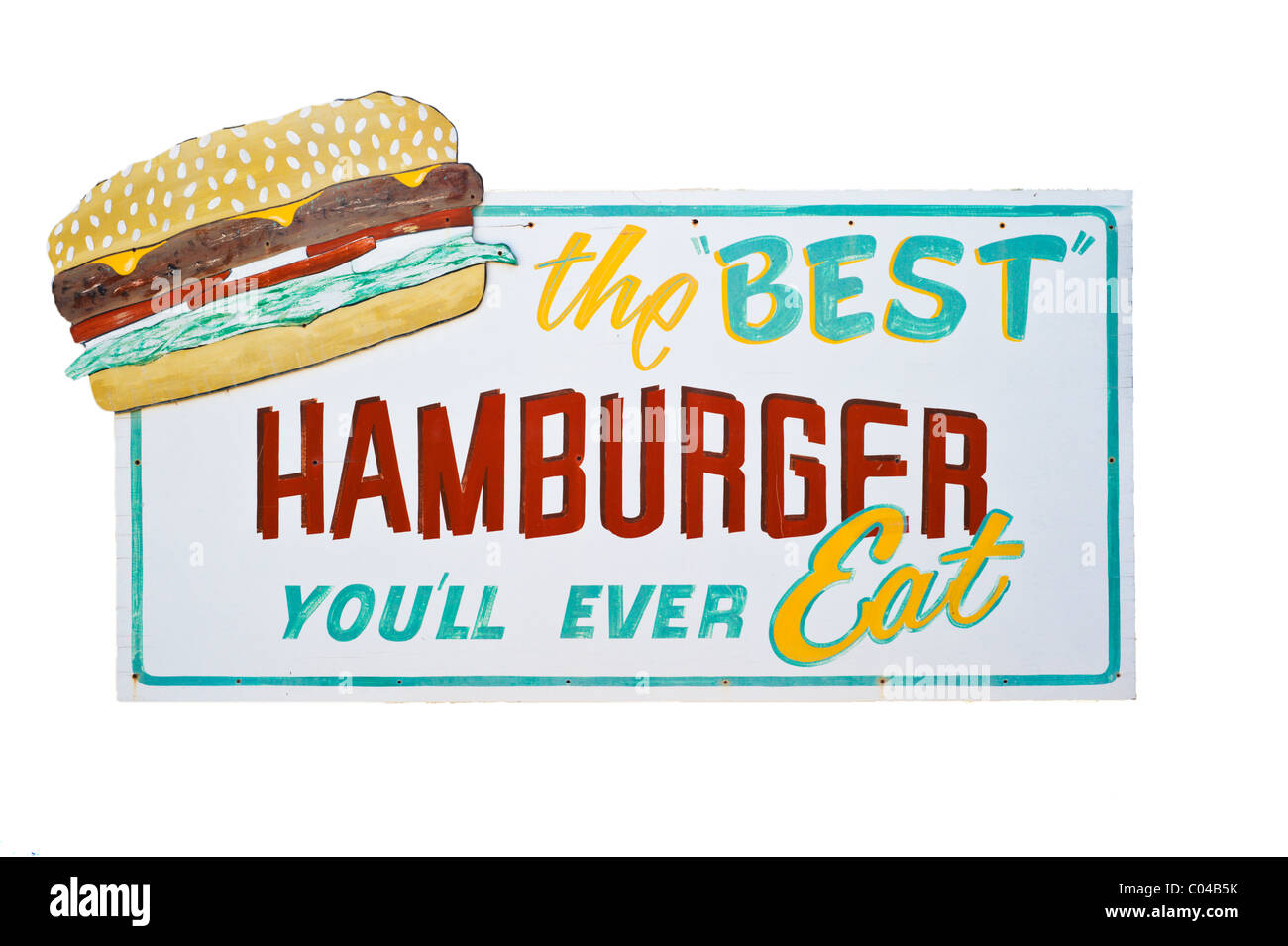 Un segno proclama i migliori hamburger può essere avuto presso il famoso avamposto Bar in Carrizozo, Nuovo Messico. Foto Stock
