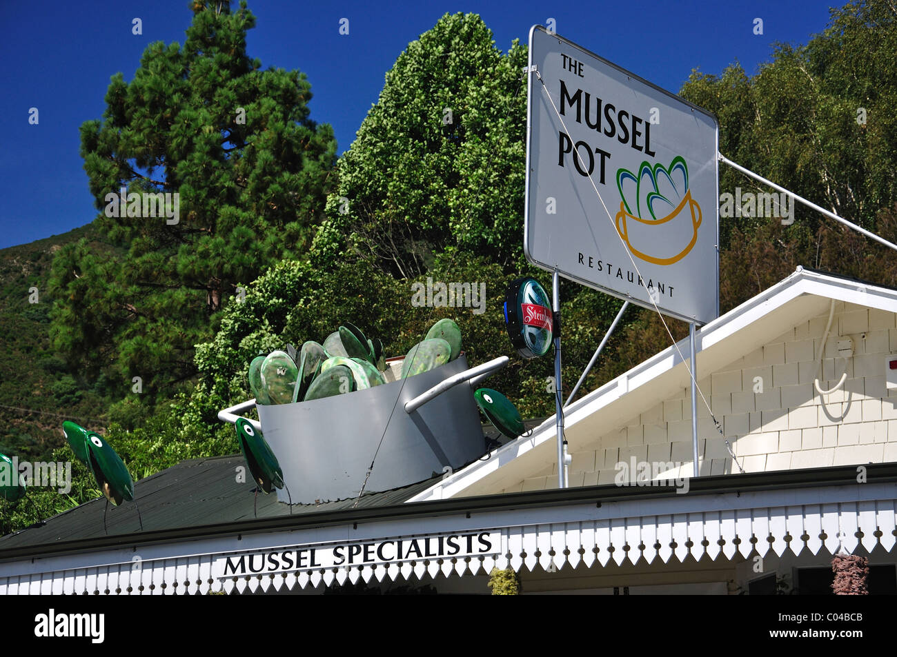 La cozza Pot Restaurant, Main Street, Havelock, Marlborough, Isola del Sud, Nuova Zelanda Foto Stock