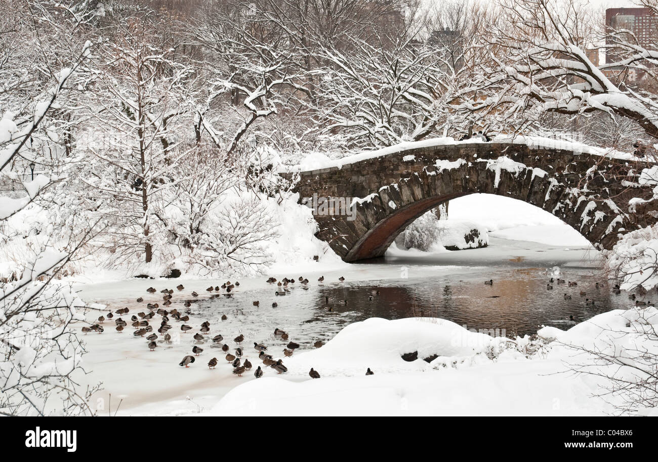 Gapstow Bridge nel Central Park di New York dopo una tempesta di neve Foto Stock