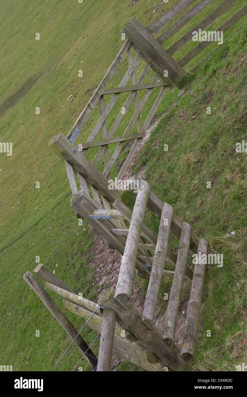 Paese staccionata in legno gate verde campo di erba Foto Stock