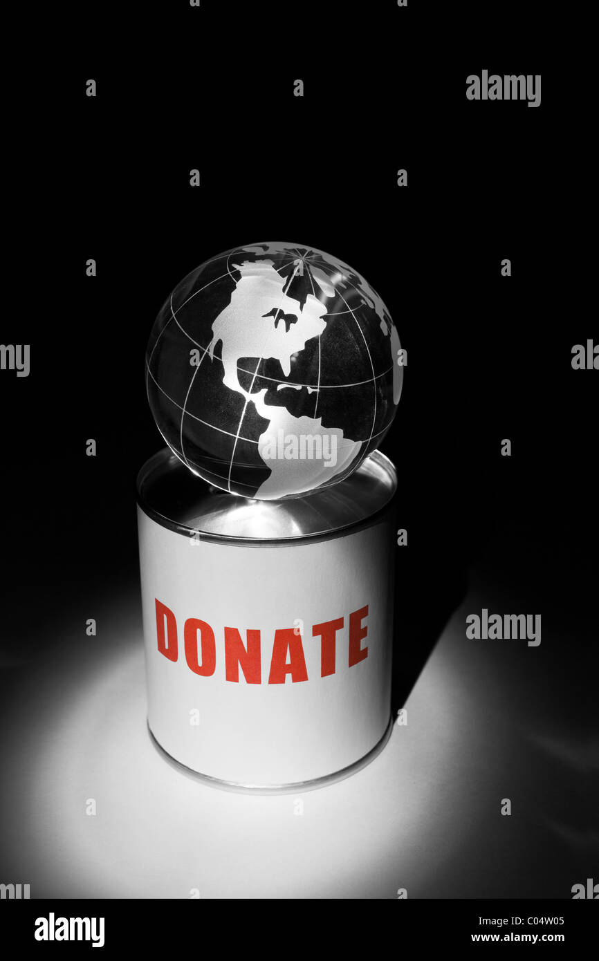 Globo e casella di donazione per il fondo Foto Stock