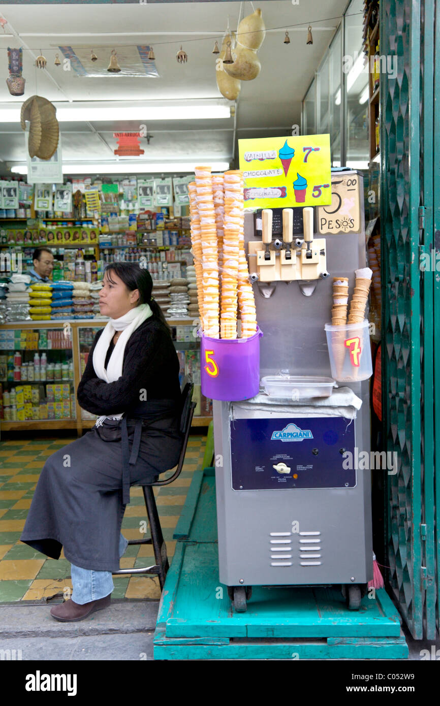 Piuttosto giovane donna messicana tende a vendite da gelato italiano macchina in una miscellanea di negozio nel quartiere di Centro Città Del Messico Foto Stock