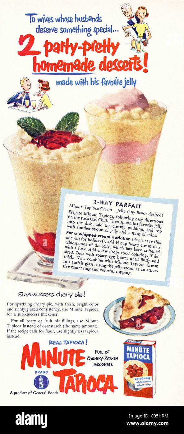 Pubblicità 1950s originale con ricetta in American consumer rivista per MINUTO TAPIOCA un PRODOTTO ALIMENTARE GENERALE Foto Stock