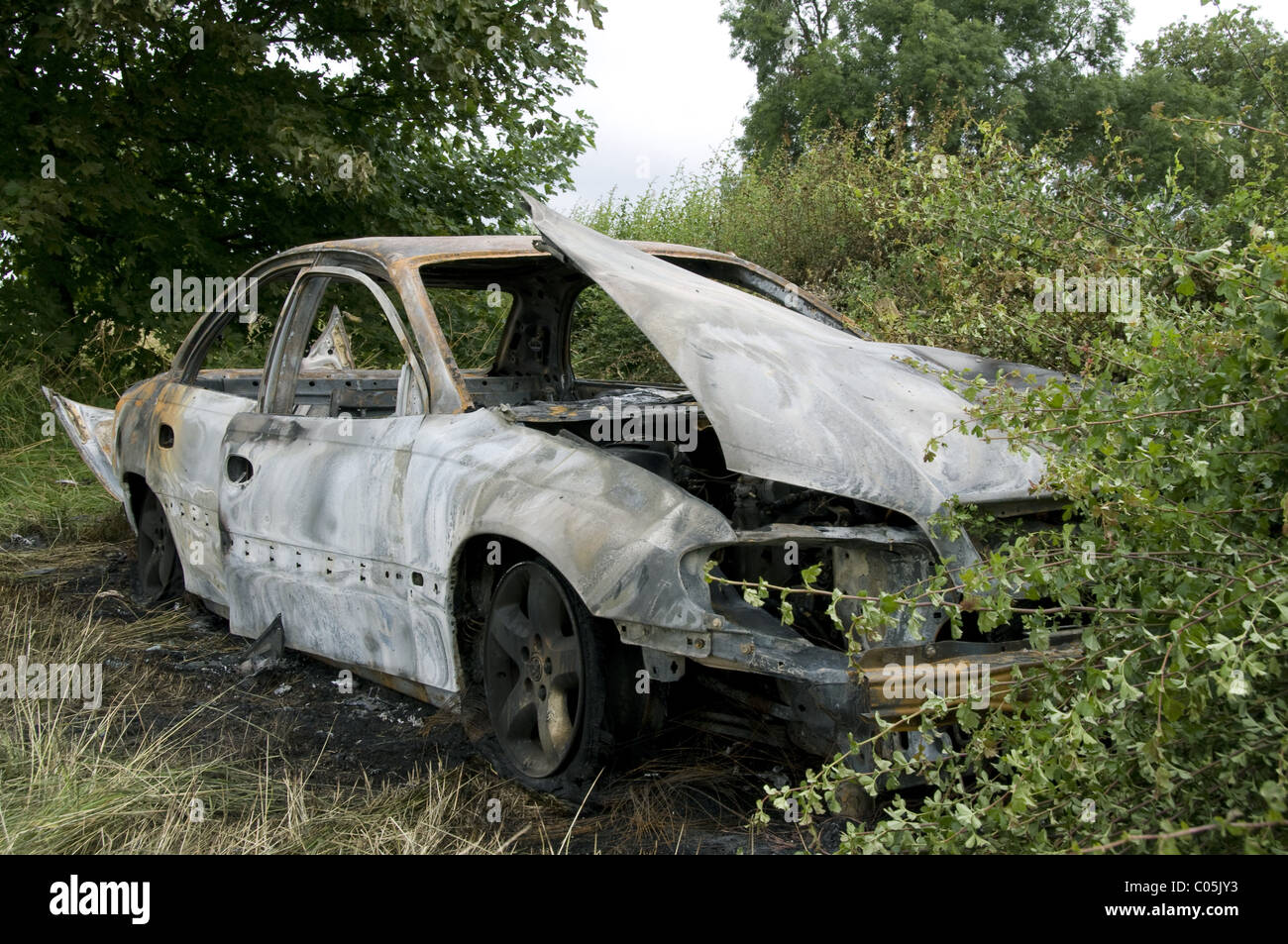 Un recente bruciato auto sulla A444 nel Warwickshire che non ha avuto il tempo di andare arrugginito. Foto Stock