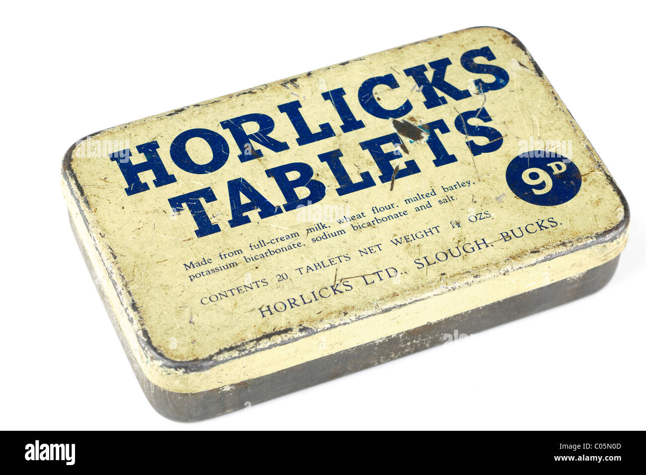Vintage vecchio Horlicks compresse stagno al prezzo di ninepence. Solo editoriale Foto Stock