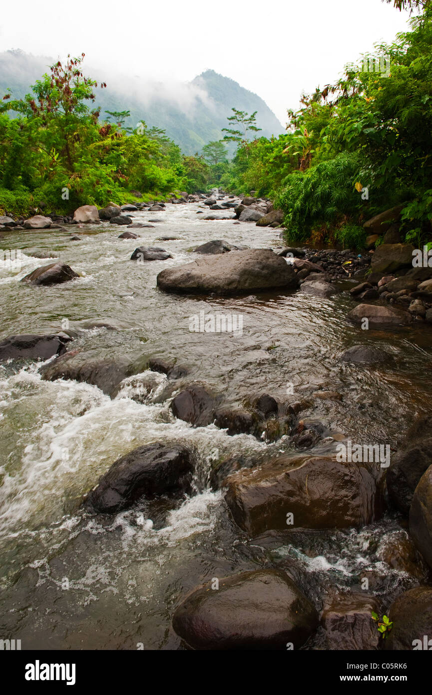 Questo fiume chiamato Unda, che corre un corso lungo il boulder disseminate di fondovalle è il cuore di Sidemen, Bali, Indonesia Foto Stock