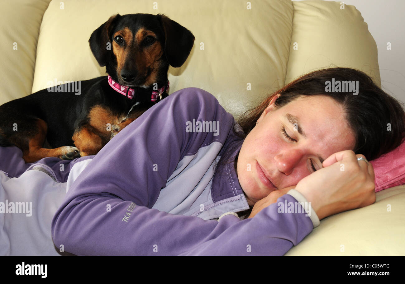Un cane seduto su di una donna addormentata Foto Stock
