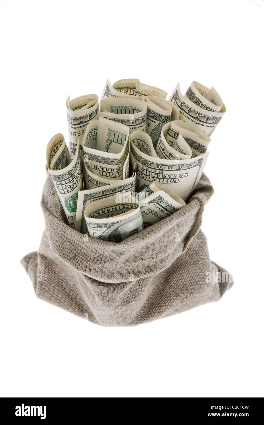 Dollaro bollette di denaro in un sacchetto Foto Stock