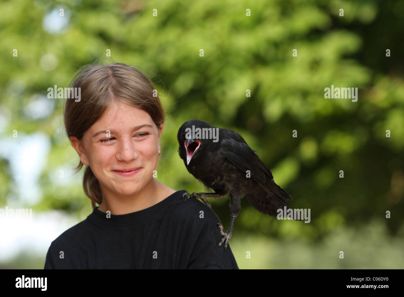 Ragazza con carrion crow Foto Stock