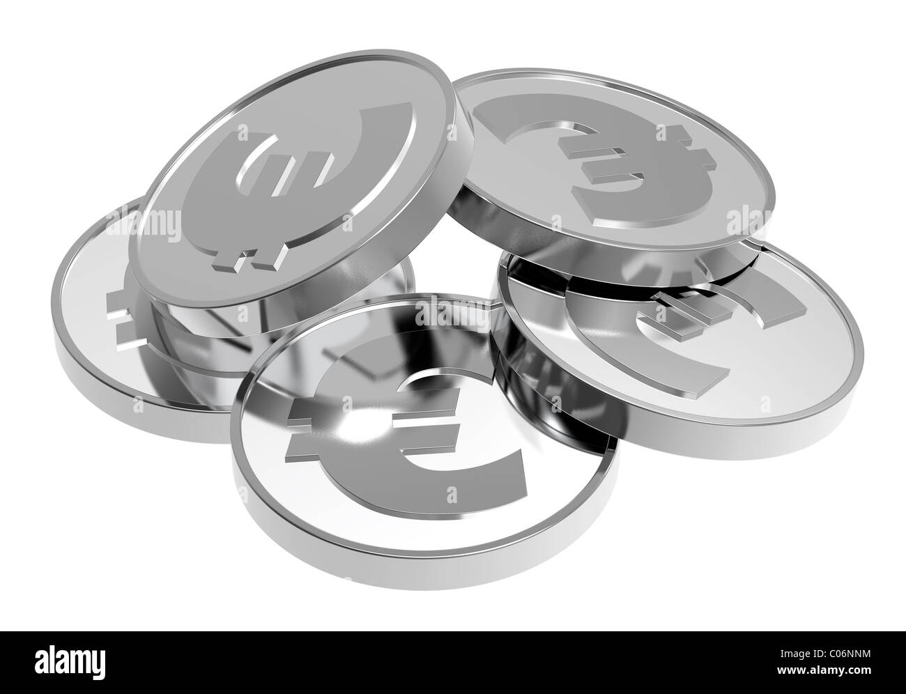 Argento monete in euro isolato su uno sfondo bianco Foto Stock
