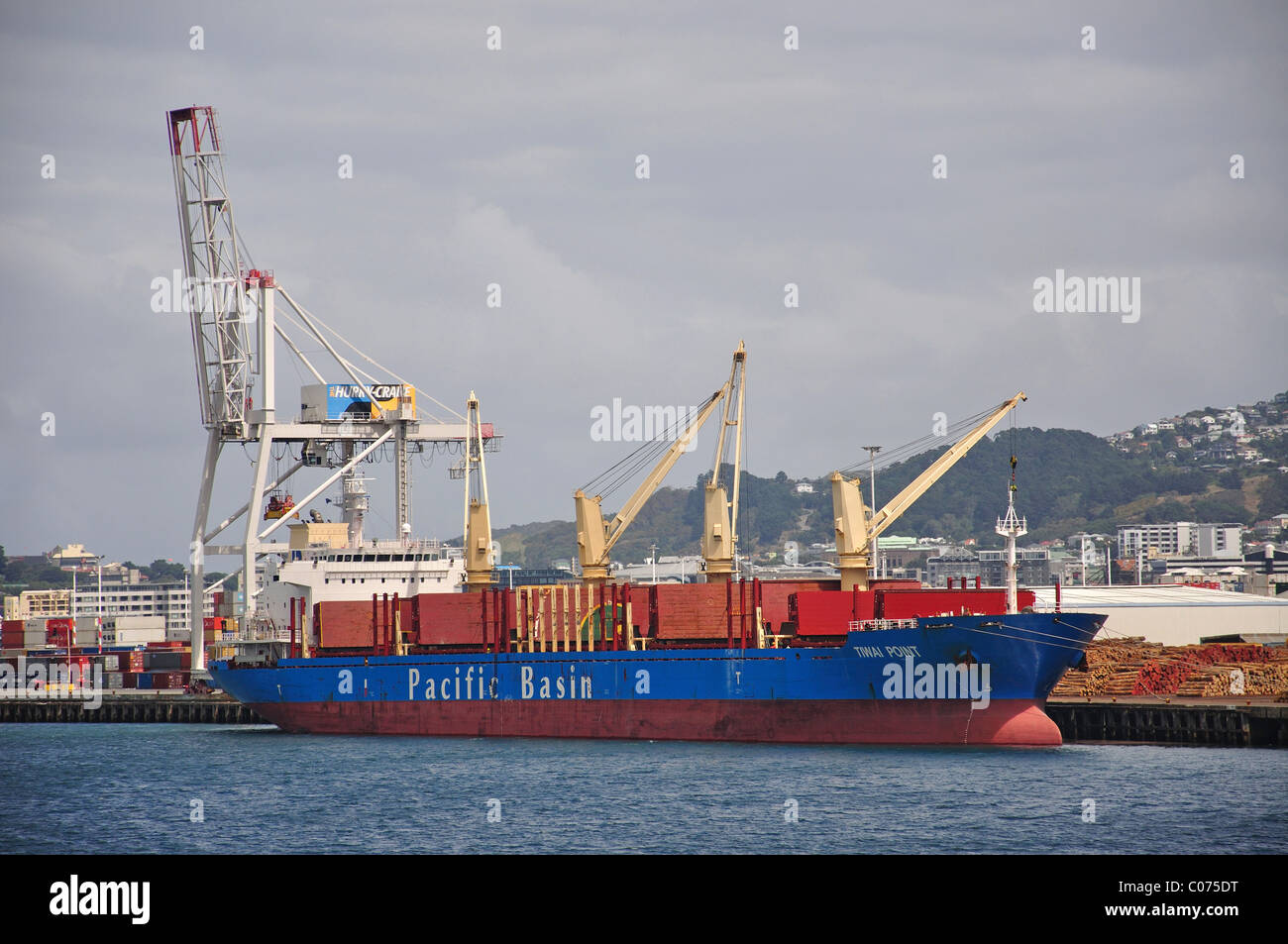 Tronchi di carico per navi portarinfuse Tiawai Point a Wellington Harbour, Wellington, Wellington Region, North Island, nuova Zelanda Foto Stock