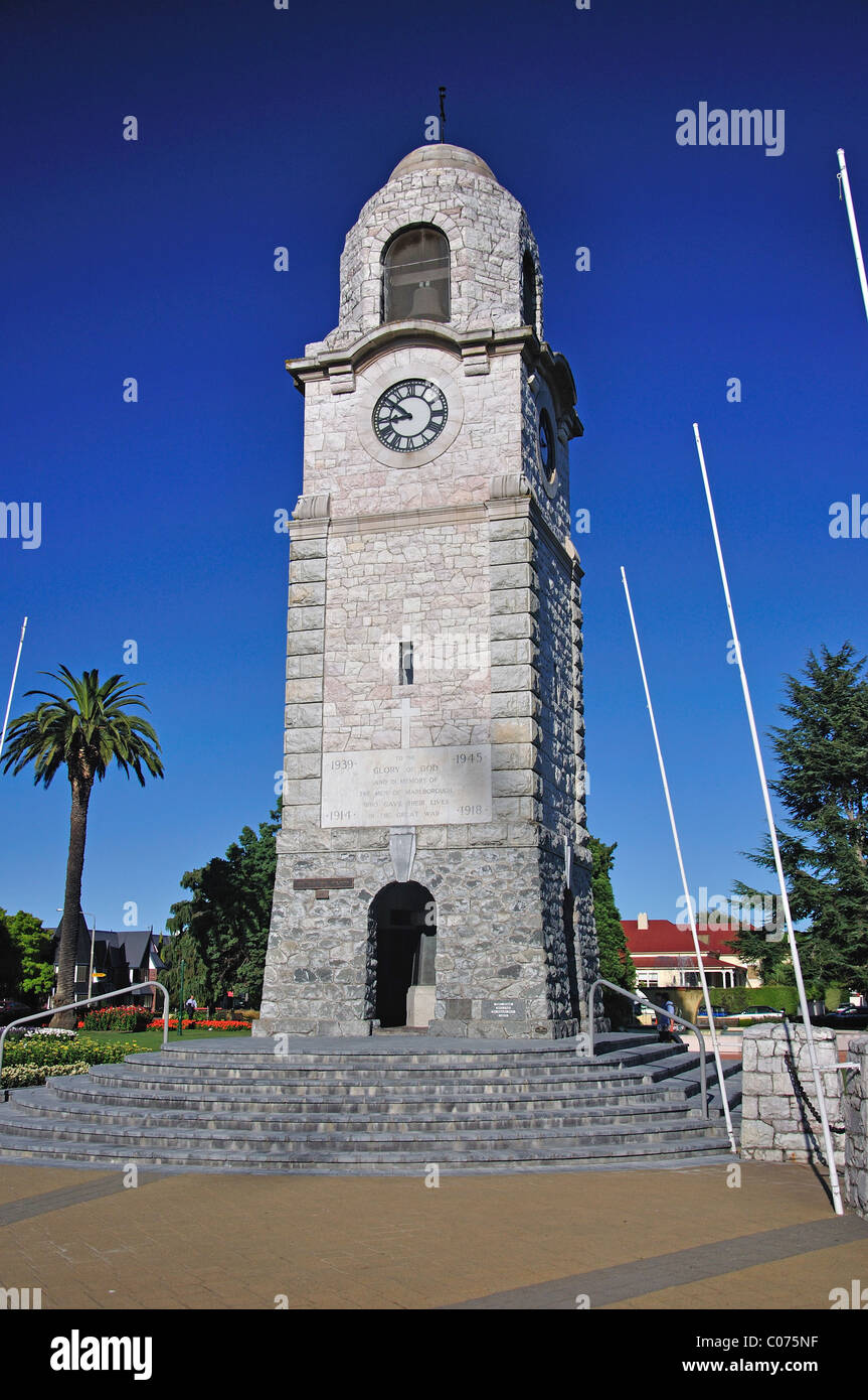 Il War Memorial Clock Tower, Seymour Square, Blenheim, regione di Marlborough, Isola del Sud, Nuova Zelanda Foto Stock