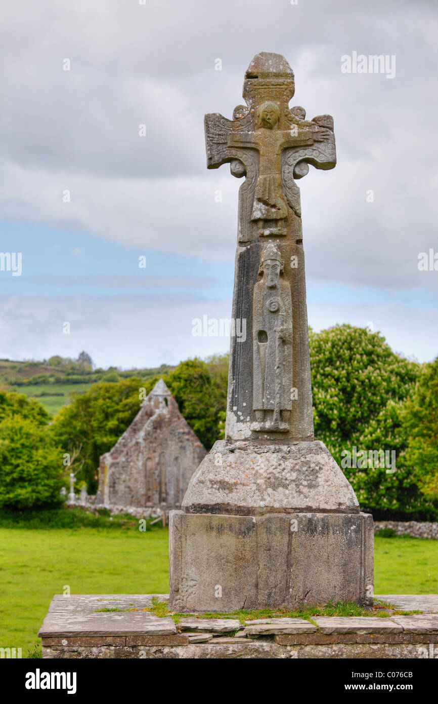 Celtic alta croce, Dysert O'Dea vicino Corofin, County Clare, Irlanda, Europa Foto Stock