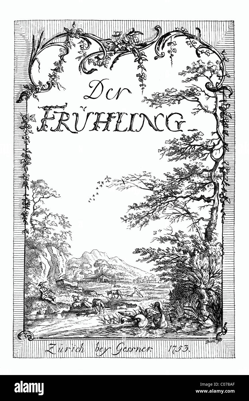 Frontespizio di Kleist 'Fruehling' o a molla, edizione del 1753, rappresentazione storica in Deutsche Literaturgeschichte Foto Stock