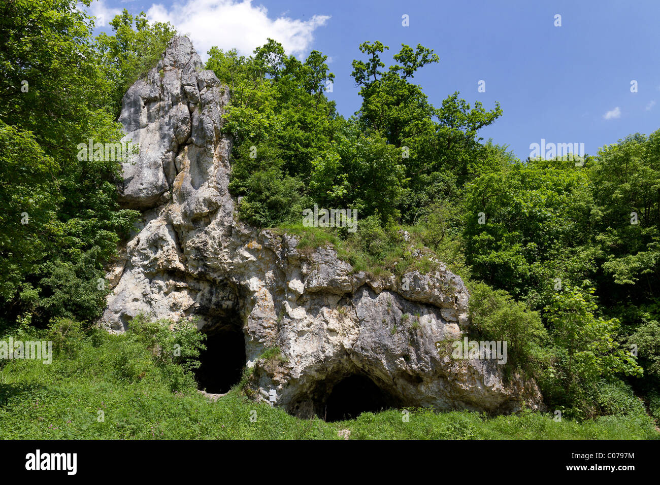 Fohlenhaus grotta, Lonetal Valley, vicino Bernstadt, Alb-Donau-Kreis distretto, Baden-Wuerttemberg, sud della Germania Germania, Europa Foto Stock