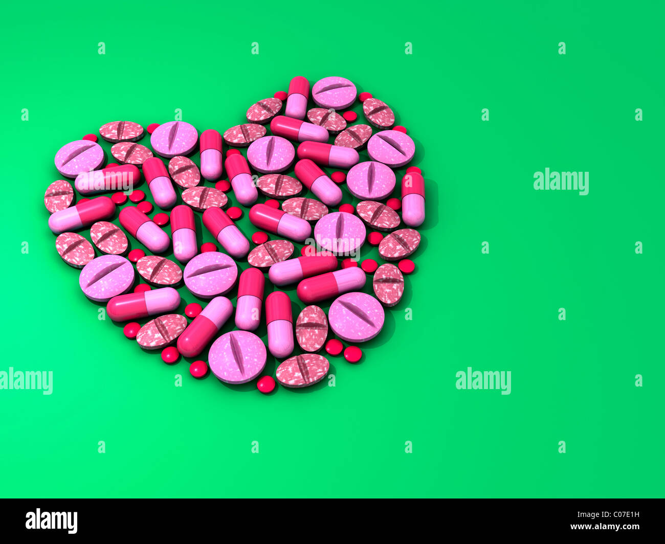 Computer grafica, 3d-rendering di prodotti farmaceutici, capsule, pillole, compresse, formano un punto interrogativo Foto Stock