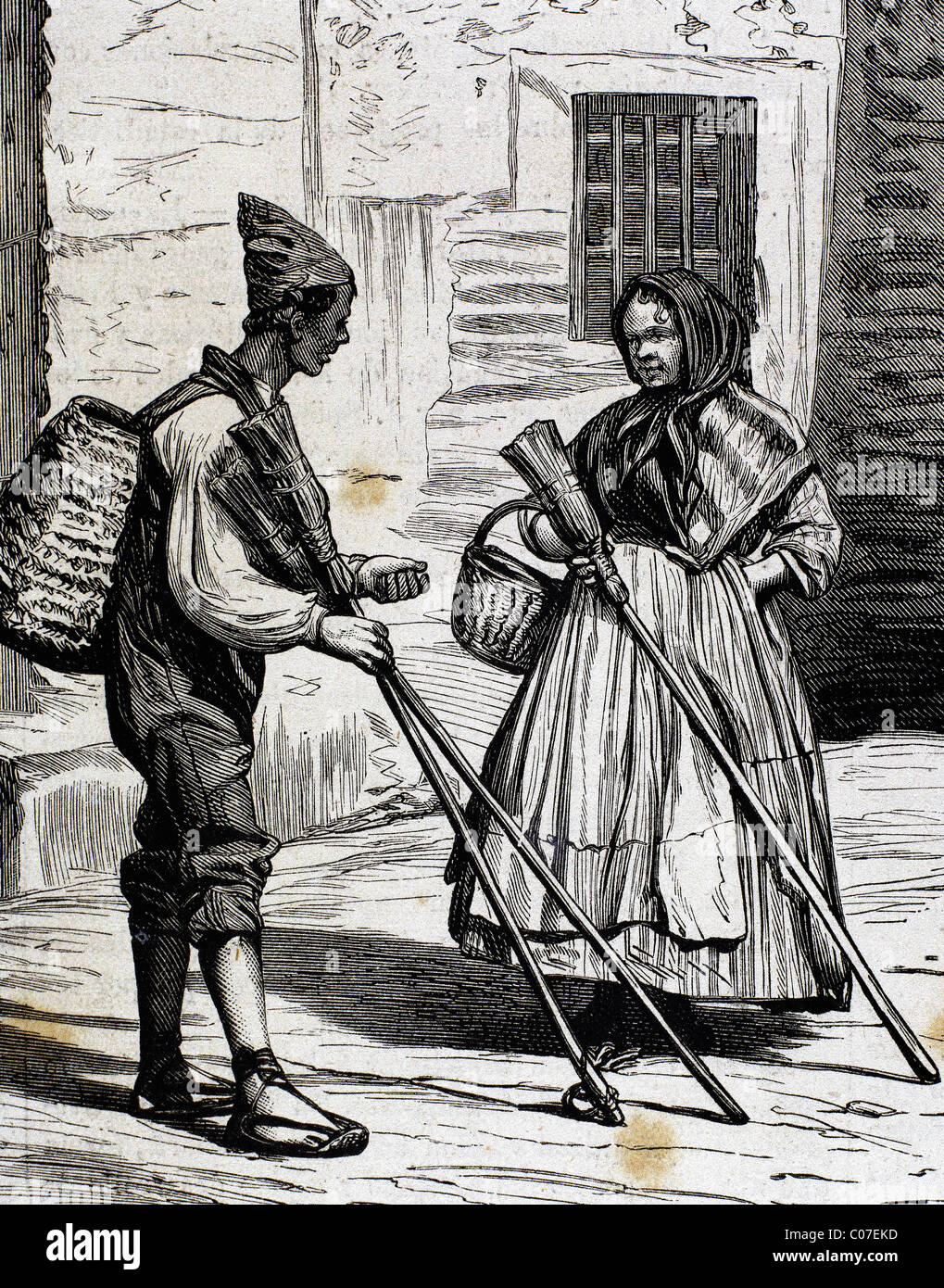 I tipi più diffusi. I venditori di scope. Valencia. Spagna. Incisione in "l'Spagnolo e illustrazione americana" (1872). Foto Stock