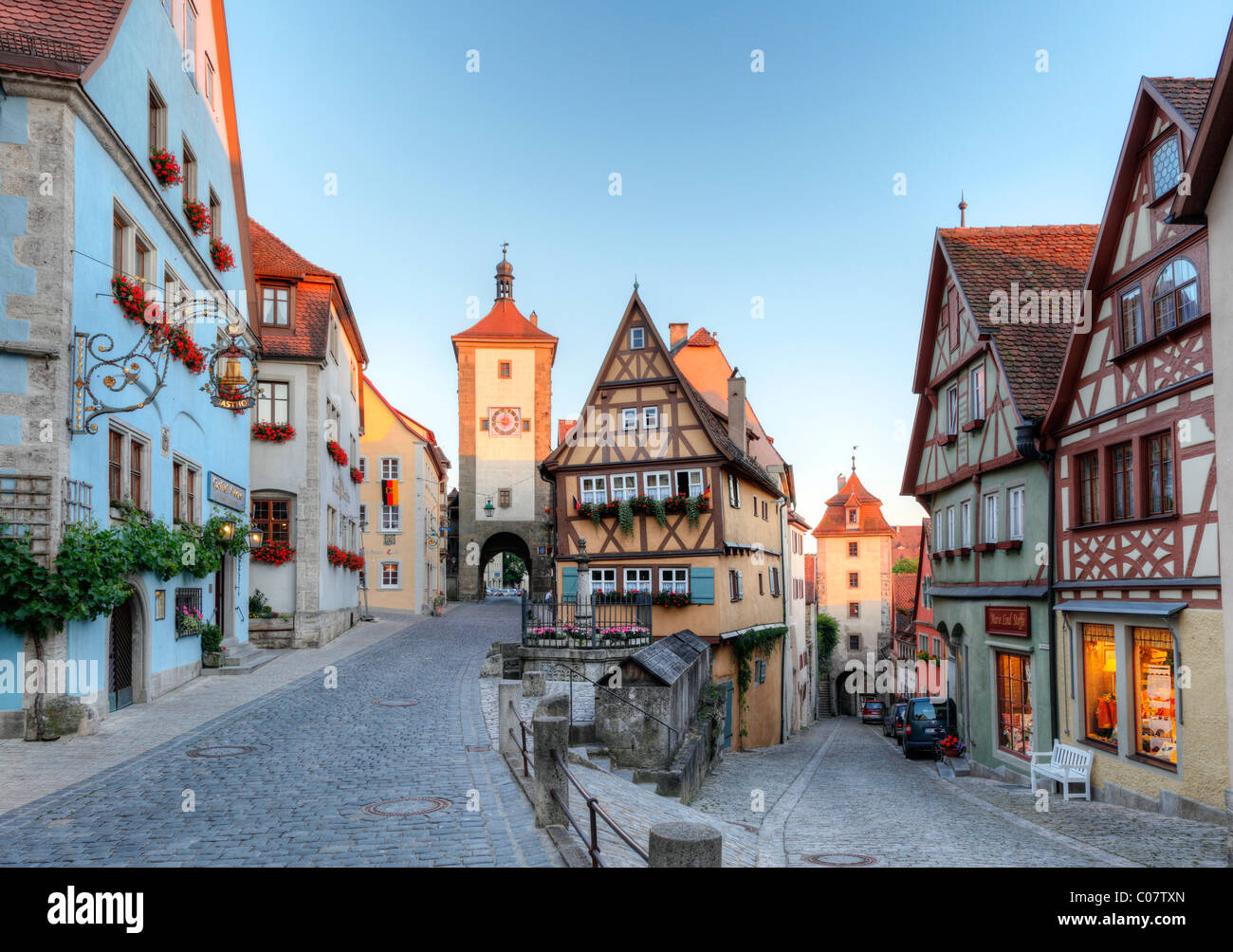 Ploenlein nodo stradale e Siebersturm tower, Rothenburg ob der Tauber, Strada Romantica, Media Franconia, Franconia, Bavaria Foto Stock