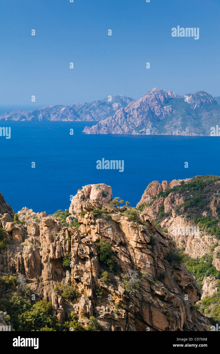 Rocce di porfido rosso, Calanche de Piana, il Golfo di Porto, Corsica, Francia, Europa Foto Stock