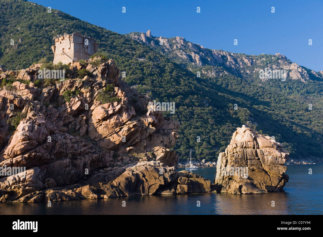 Torre genovese, costa rocciosa di Porto, il Golfo di Porto, Corsica, Francia, Europa Foto Stock