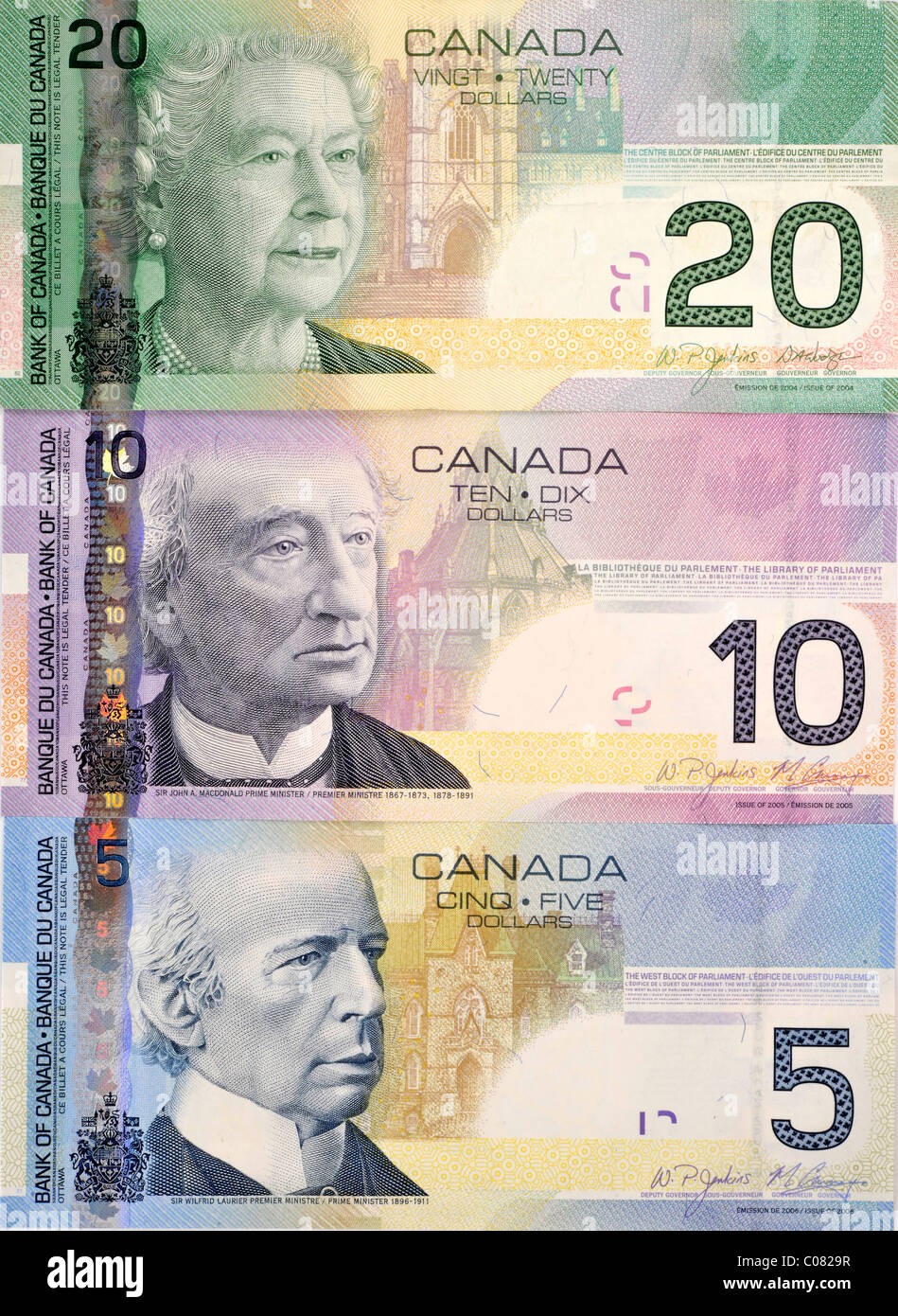 Varie Canadian Dollar banconote Foto Stock