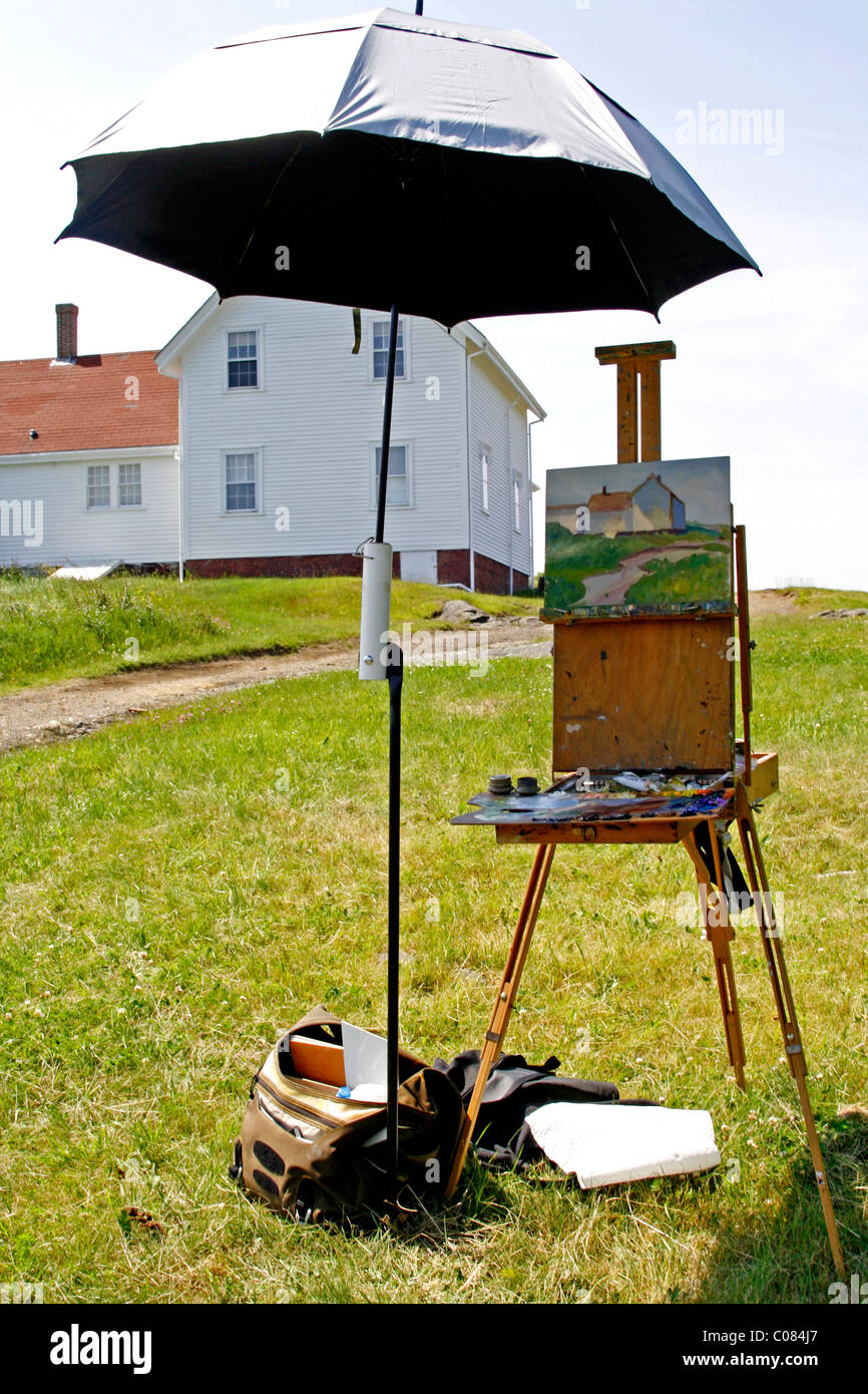 Classe d'arte pittura, cavalletto, faro, colonia di artisti, Monhegan Island, costa del Maine, New England, STATI UNITI D'AMERICA Foto Stock