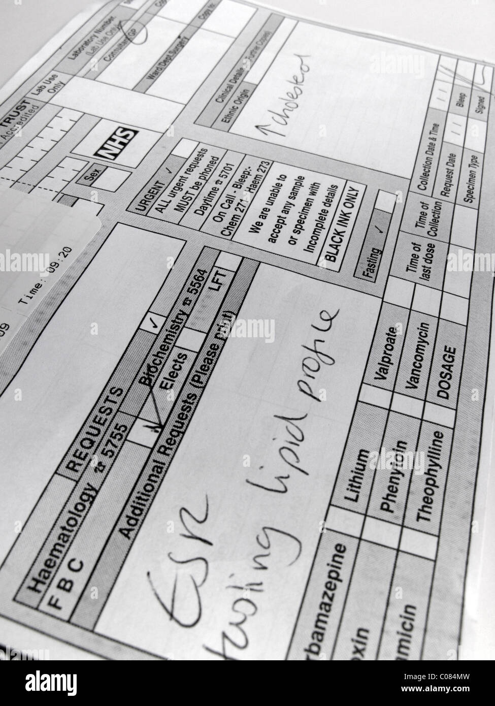 Sangue di prova le informazioni su un Ematologia e biochimica modulo di richiesta Foto Stock