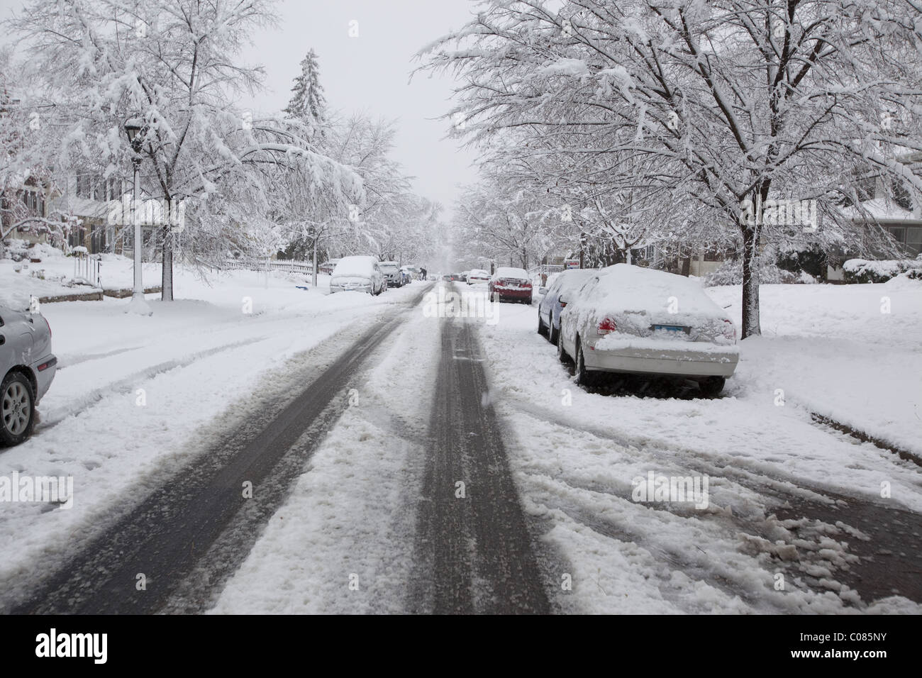 Tracce di pneumatici a sinistra da vetture in una zona residenziale dopo un inizio di tempesta di neve Foto Stock