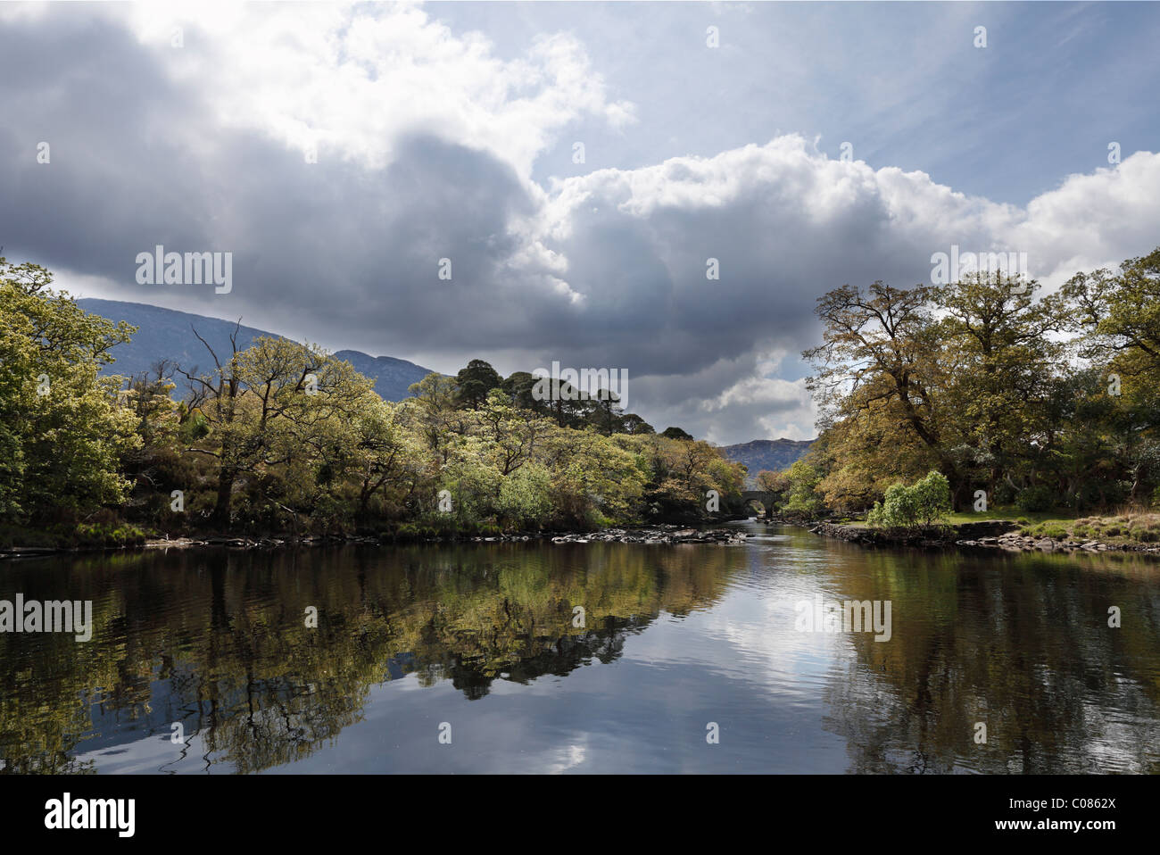 Incontro delle Acque, Old Weir Bridge, Parco Nazionale di Killarney, nella contea di Kerry, Irlanda Isole britanniche, Europa Foto Stock