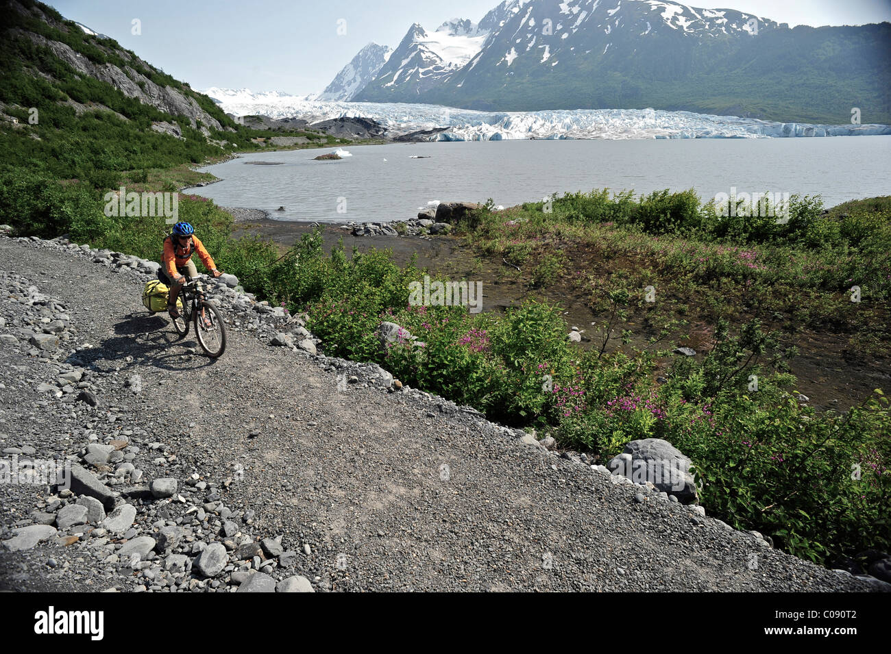 Donna in bicicletta sul sentiero di Spencer ghiacciaio, Chugach National Forest, Penisola di Kenai, centromeridionale Alaska, estate Foto Stock