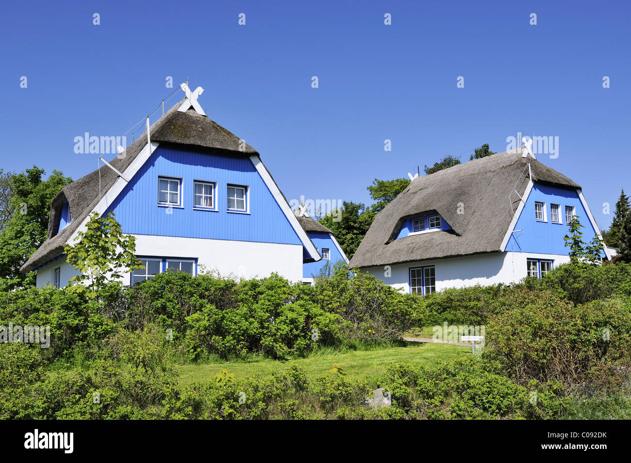 Un tetto di paglia tradizionali casa vacanze sull isola di Hiddensee, distretto di Ruegen, Meclemburgo-Pomerania Occidentale, Germania, Europa Foto Stock