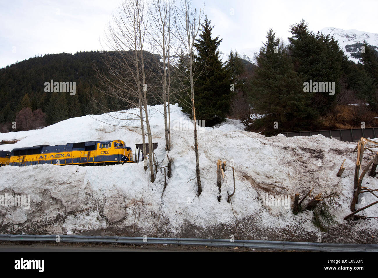 Un Alaska Railroad treno passa attraverso una zona che è stata recentemente colpita da una valanga, centromeridionale Alaska, inverno Foto Stock