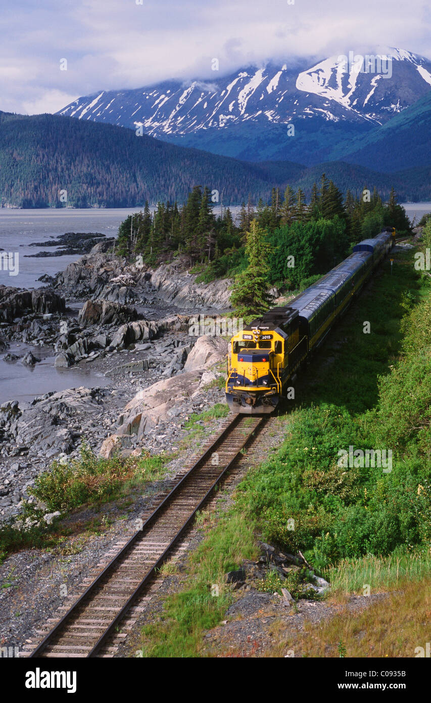 Vista da Seward autostrada di un Alaska Railroad treni passeggeri vicino al punto di uccelli lungo Turnagain Arm, centromeridionale Alaska Foto Stock