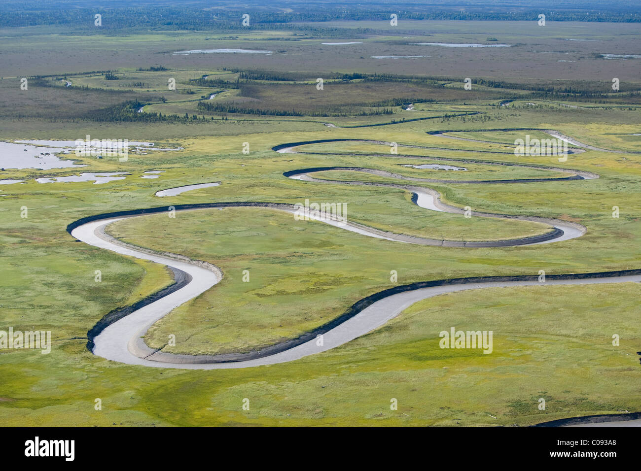 Vista aerea del Fiume Ivan nel Susitna Appartamenti stato rifugio di gioco, Cook Inlet, estate Foto Stock