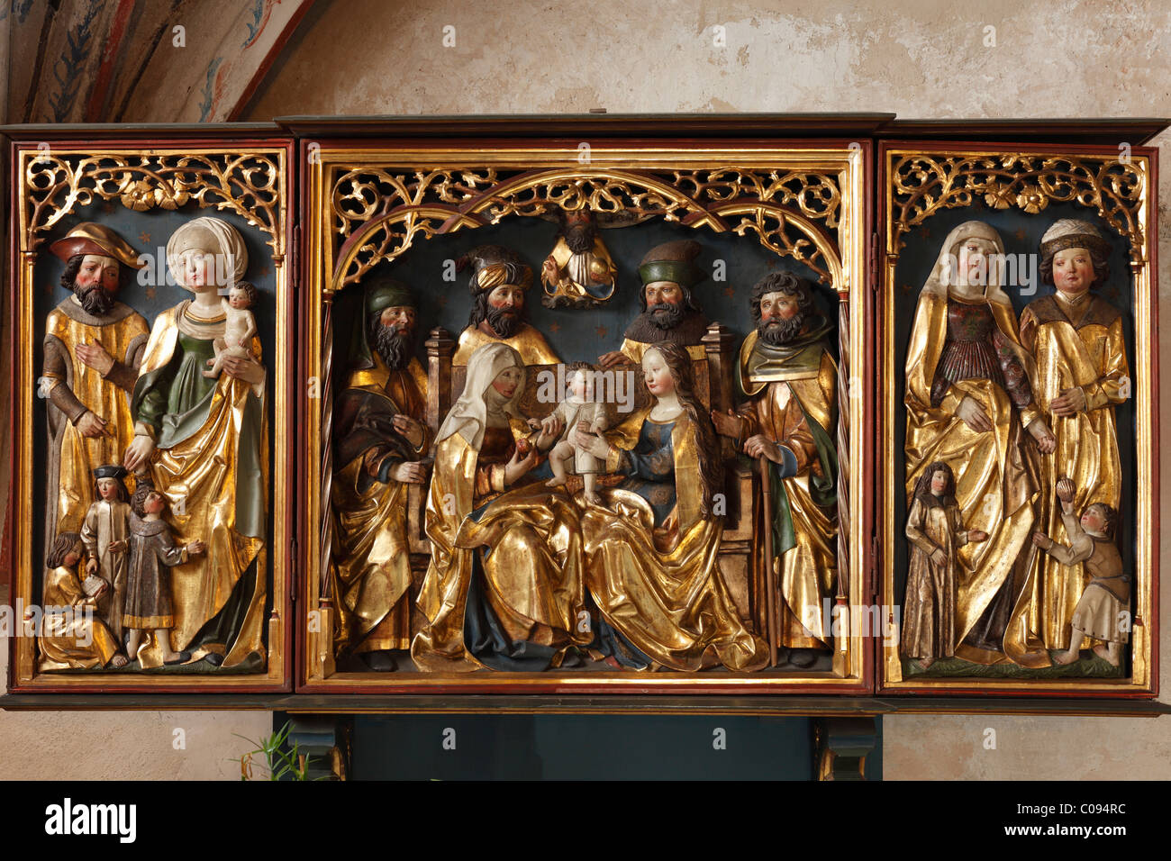 Altare raffigurante la Santa Famiglia, evangelica chiesa parrocchiale di Langenzenn, Media Franconia, Franconia, Baviera, Germania, Europa Foto Stock