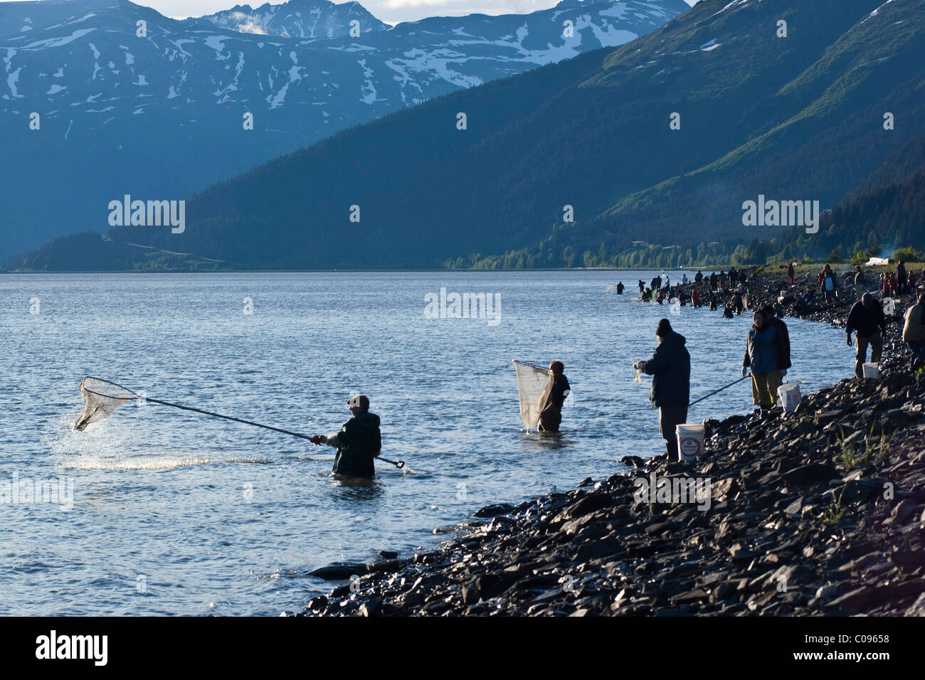 La Folla di linea dipnetters rive del braccio Turnagain pesca di hooligan (Eulachon), Alaska centromeridionale, molla Foto Stock
