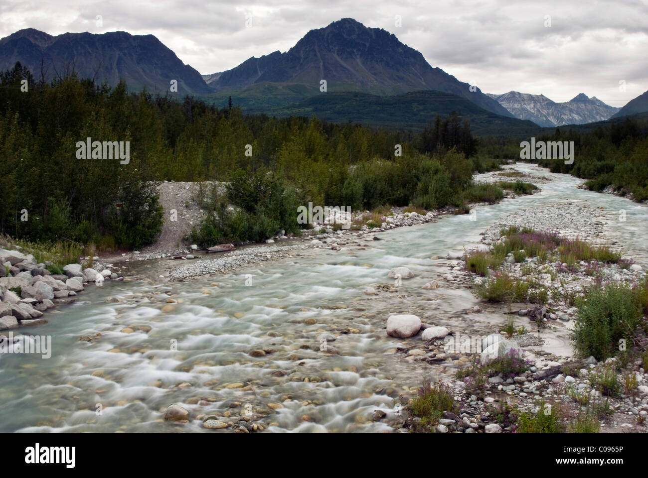 Un tributario torrente scorre su rocce sul suo modo al fiume Matanuska centromeridionale, Alaska, estate Foto Stock