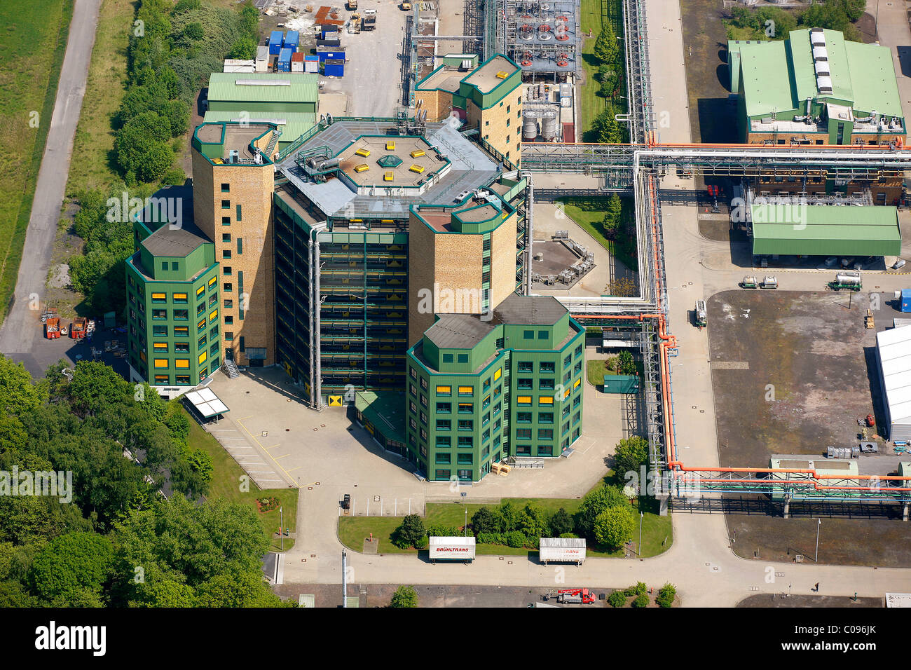 Vista aerea, edifici della Schering AG, una società farmaceutica tedesca, Bergkamen, zona della Ruhr, Renania settentrionale-Vestfalia Foto Stock