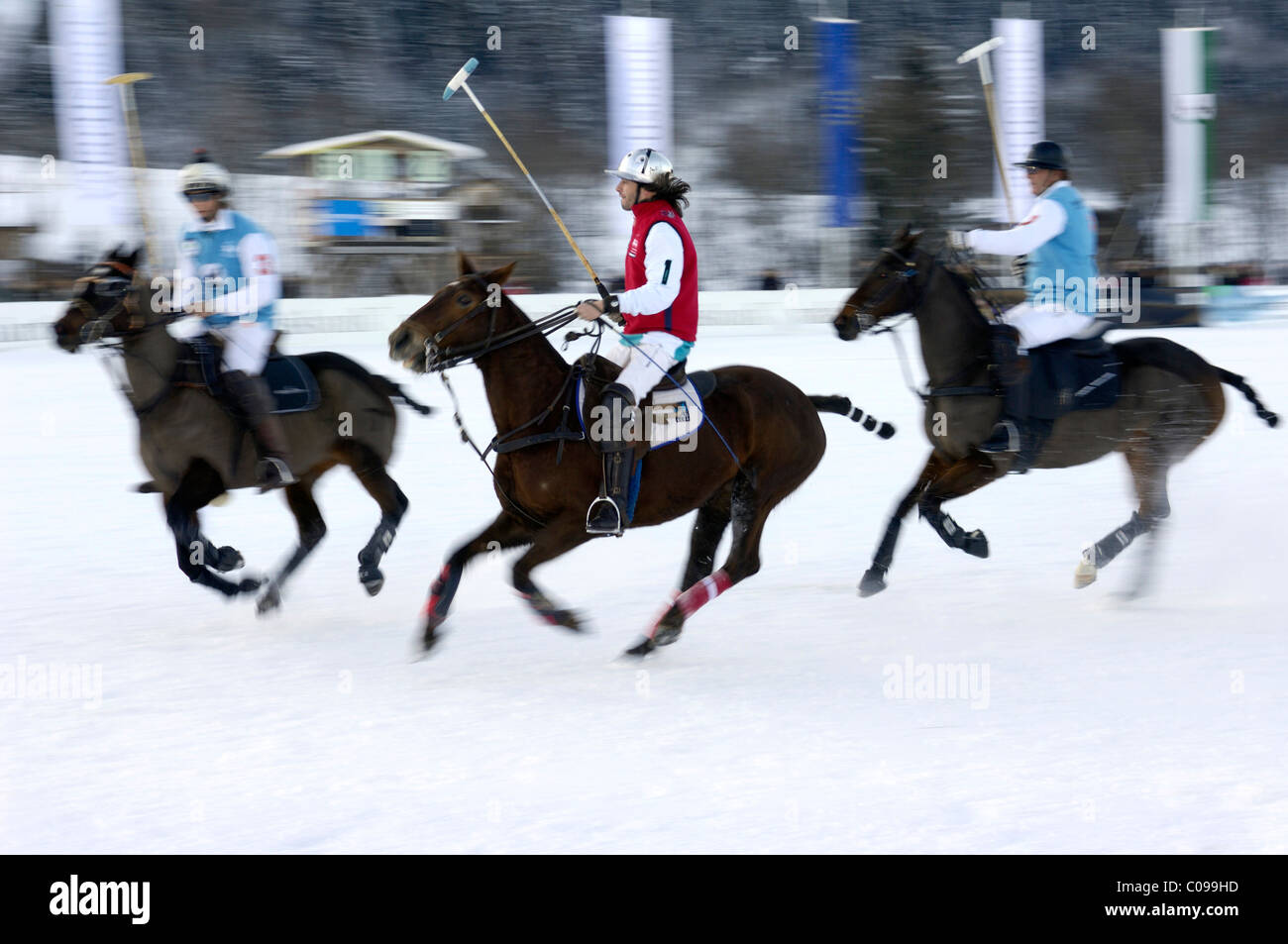 Giocatori di polo in lotta per la sfera, Team Wintertechnik contro il Team Arosa - undici Voyage, Neve Arena Polo World Cup 2010 polo Foto Stock