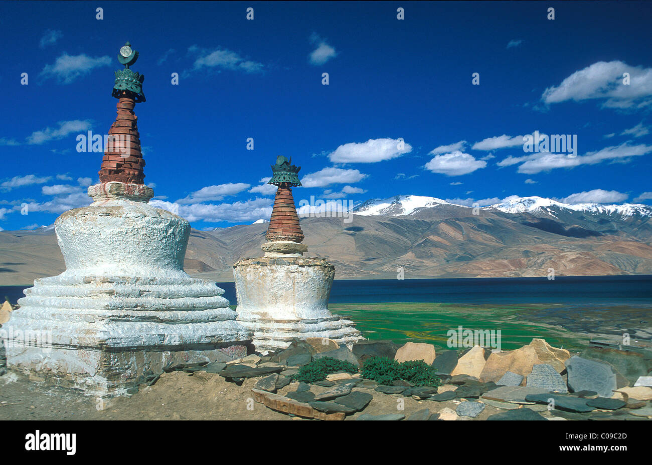 Stupas a Tso Moriri Ladakh Himalaya, India settentrionale, Asia Foto Stock