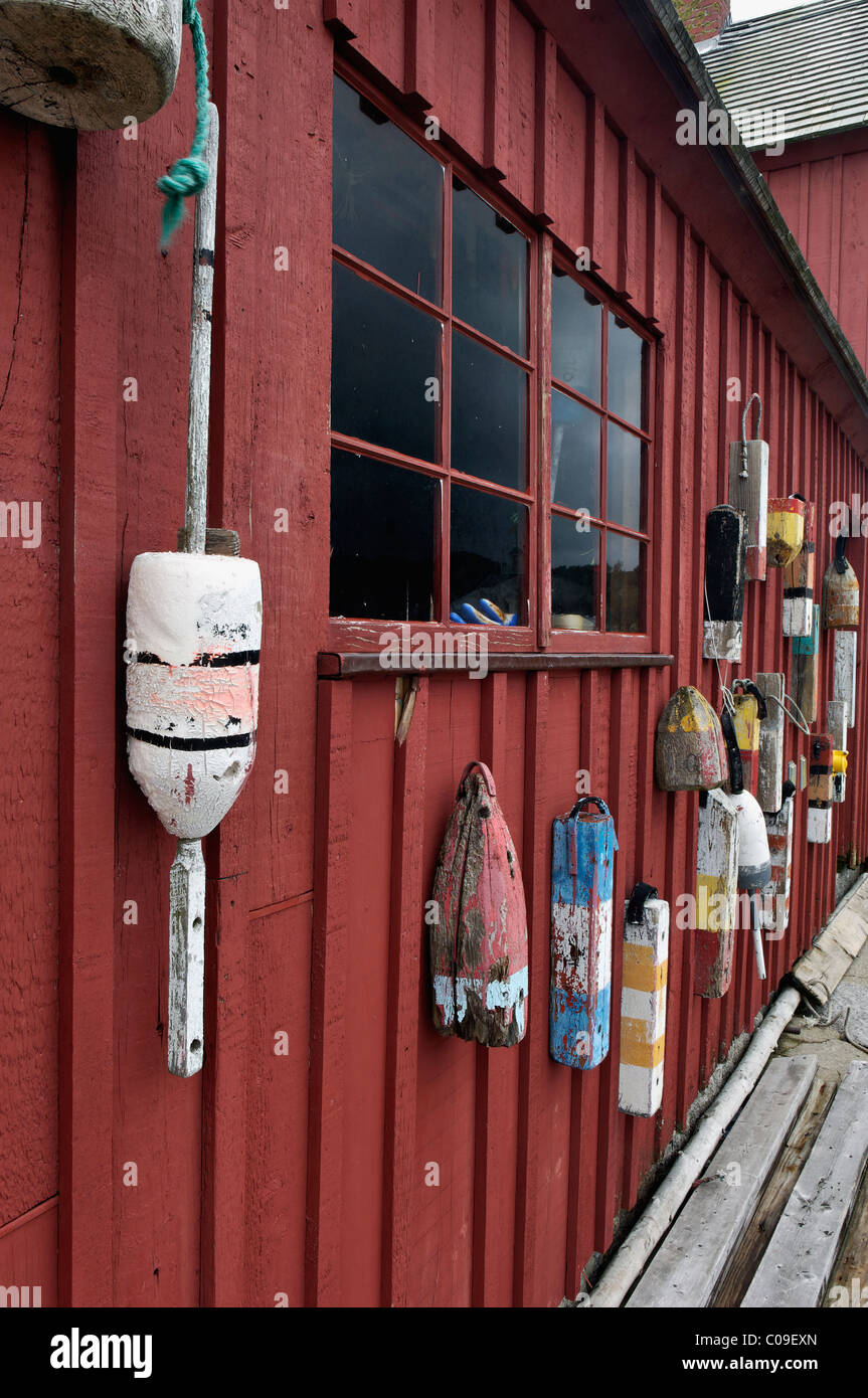 Lobster boe su vecchia Capanna di pesca in Rockport, Massachusetts Foto Stock